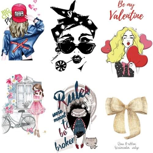 Beautiful Girls Heat Transfer Patches Vinyl Cute Girl Patch Stripe Iron on Transfers For Clothing Stickers for Clothes Applique