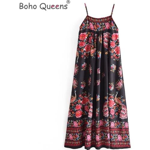 Boho Queens Vintage Women peacock floral print sleeveless beach Bohemian strap dresses Ladies Boho midi dress vestidos