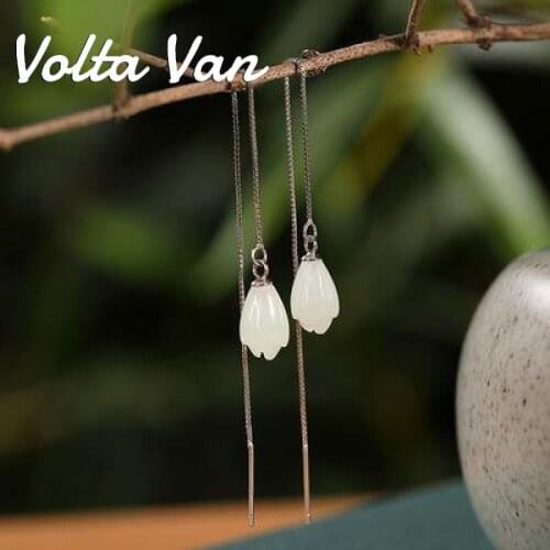 Volta Van Jade Drop Earrings 2021 New 925 Sterling Silver Vintage Pendientes Plata Magnolia Flower Long Ear Cords Earrings