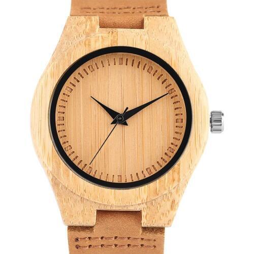 Top Quality Creative Women Wooden Watches Handmade Bamboo Craft Minimalist Quartz Watch for Ladies with Brown Genuine Leather