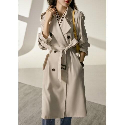 Temperament beige and white lace-up waist was thin classic windbreaker jacket female autumn