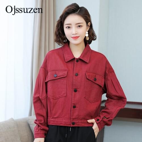 2021 Short Denim Women Jacket Spring Autumn Loose Long Sleeve With Pocket Washed Burgundy Pink Black Outerwear