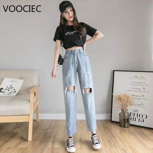 VOOCIEC Womens pockets washed jeans high waist hole straight tube casual pants autumn and winter solid color high quality jeans