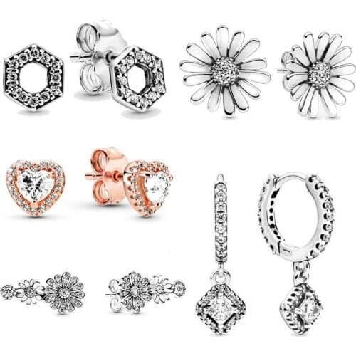 925% Sterling Silver pan Earring Spring Pink Daisy Flower Sparkle Honeycomb Hexagon Earring For Women Gift DIY Jewelry