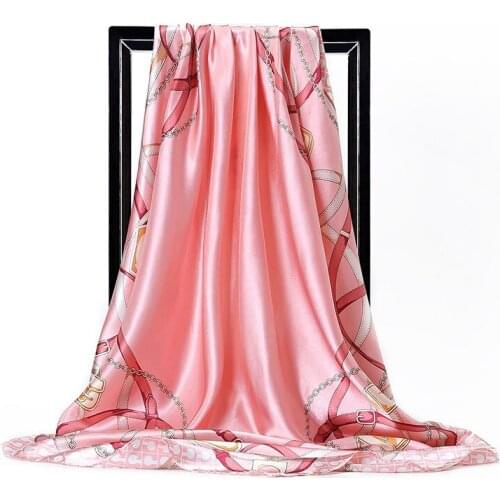 Spring and Autumn Womens Silk Scarf Simple Chain Belt Printing Daily Casual Female Sex 90cm Square Scarf Head Scarves Shawl
