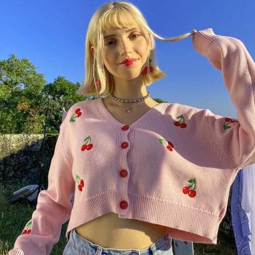 Kawaii Pink White Cherry Embroidery Knitting Cardigan For Girls New Women Long Sleeve Knitted Sweaters Winter Sweater Tunic Tops
