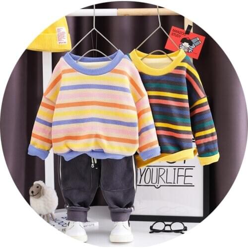 Winter children girls boys clothes sets fashion stripe Velvet warm kids Clothing suit child costumes Sweatshirt pant 2 pcs suits