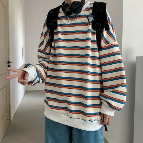 2021 Mens Loose Round Collar Hoodies Striped Printing Sweatshirts Long Sleeves Clothing Pullover Fashion Trend Coats M-2XL