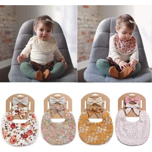 3 Pcs/Set Cute Baby Bibs + Headbands Set Soft Cotton Flower Print Kids Washable Bib Apron Newborn Enfant Meal Bib Baby Feeding