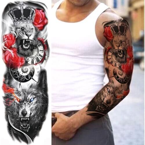 Roaring Tiger Wolf Temporary Tattoos For Men Women Adult Body Art Full Flower Arm Sleeve Tatoos Waterproof Fake Tattoo Stickers