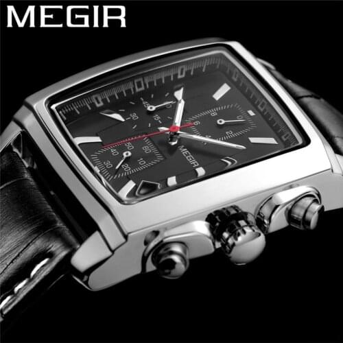MEGIR Fashion Watch Men Chronograph Military Male Clock Top Brand Luxury Black Genuine Leather Classic Man Sport Wristwatch 2028