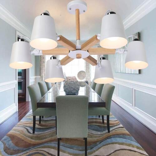 Wooden modern minimalist white wood iron pendant light bedroom lamp Nordic Korean Restaurant hanging lighting