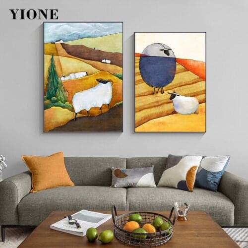 Golden Wheat Field Sheep Canvas Paintings Custom Cartoon Animal Landscape Wall Pictures for Living Room Art Posters and Prints
