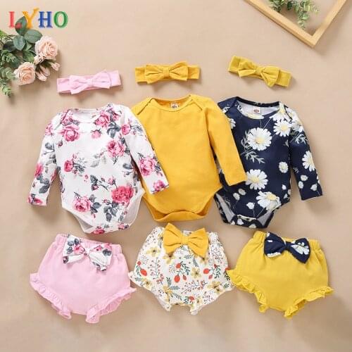 0-24M Baby Girl Clothes Set Top Romper Short Pants with Headband 3 Pcs Autumn Kids Bodysuits One-Pieces Newborn Girls Outfits