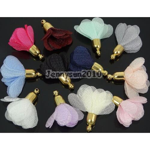 Colorful Chiffon Flower Tassel 26mm Gold Pendant Jewelry Crafts Design Necklace Jewelry 100Pcs/Pack