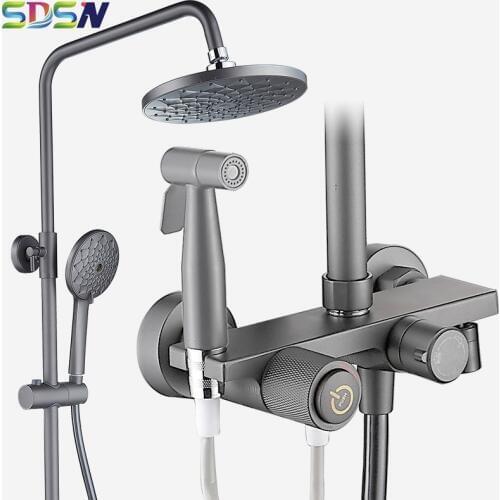 Round Bathroom Shower Faucet Hot and Cold Shower Set for Bathroom Deep Grey Waterfall Shower Set Adjustable Height Lift Bar Tap