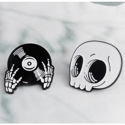 Fashion Punk Cartoon White Skull Black Skeleton Record Hands DJ Pin Denim Shirt Collar Lapel Pins Buckle Badges Punk Goth Brooch