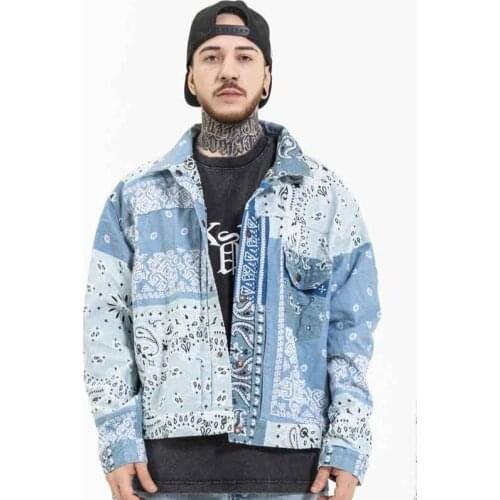 Hot sell Mens new splicing contrasting colors jean jackets double-sided reversible printed denim jacket jacket