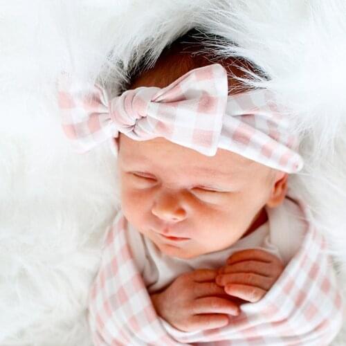 Infant Soft Skin-friendly Cotton Swaddle Blanket and Hairband Set Cute Plaids Knotted Elastic Headband Newborn Photography Props