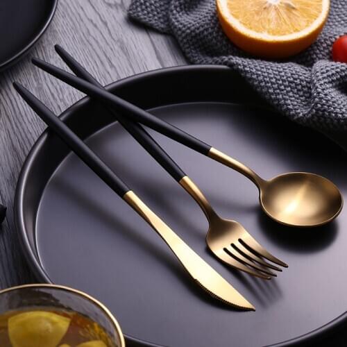 JueQi Dinnerware Set Stainless Steel Plating Gold Blue Black Knife Fork Tableware Cutlery Western Food Camping Tableware Bag