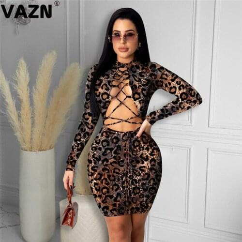 VAZN New 2020 Night Shinny Leopard Dress Full Sleeve Sheath Hollow Out Dresses For Evening Robe Gowns Formal Party Mini Dress