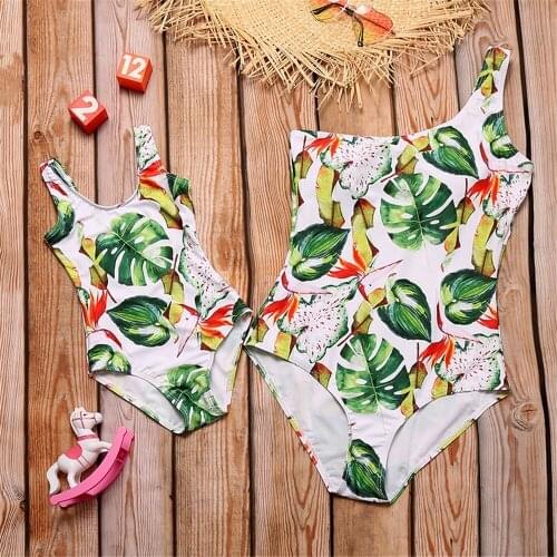 Beach Leaf Swimsuits Mom And Daughter One Piece Bathing Suit For Matching Family One Shoulder Bikini Mommy And Me Swimwear