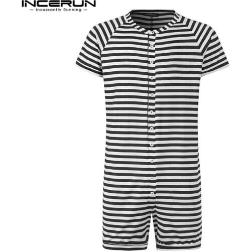 Striped Men Playsuit Pajamas Short Sleeve Button Fitness 2021 Comfortable Homewear Shorts Mens Rompers Sleepwear INCERUN S-5XL