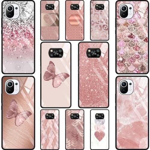Transparent Glass Phone Case For Mi Poco X3 NFC 10T 9T Note 10 11 Pro Lite Ultra F3 M2 11i Fundas Gold Pink Rose Glitter Hearts