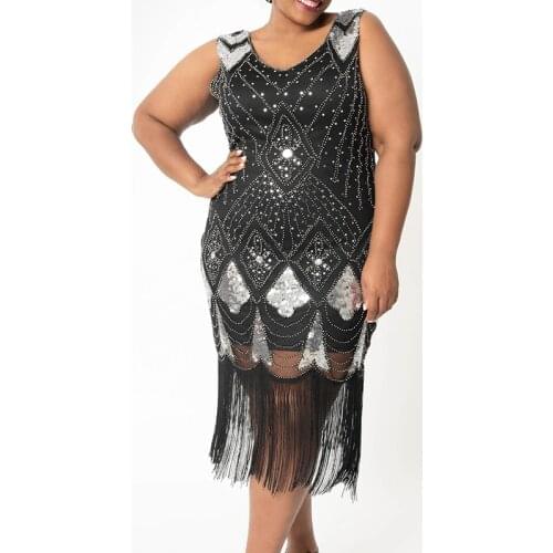 Plus Size 1920s Art Deco Long Fringed Sequin Beads Flapper Roaring 20s Gatsby Party Costume Vintage Dress for Women