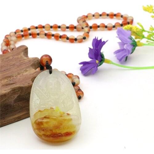 Religion Buddhism Pendant Long Necklace Sweater Chain Natural Stone Beads Jades Chalcedony Yoga Jewelry for Men and Women Y1100
