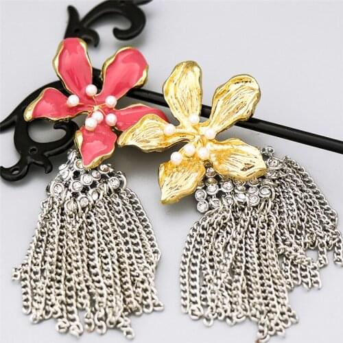 2021 Punk Metal Flower Shiny Rhinestone Long Tassel Dangle Earrings Female Chain Earrings Accessories Dinner Party Wedding Gift