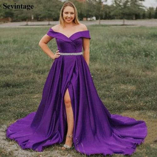 Sevintage Purple A Line Satin Long Prom Dresses Split Beaded Off Shoulder Evening Gowns Women Formal Party Dress abendkleider