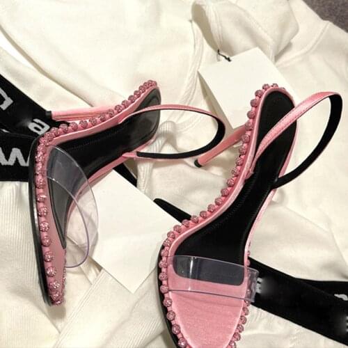 High Heel Shoes Open Toe Rhinestone Transparent Ankle-Strap Womens Summer Mid Heel Pink Sandals Women