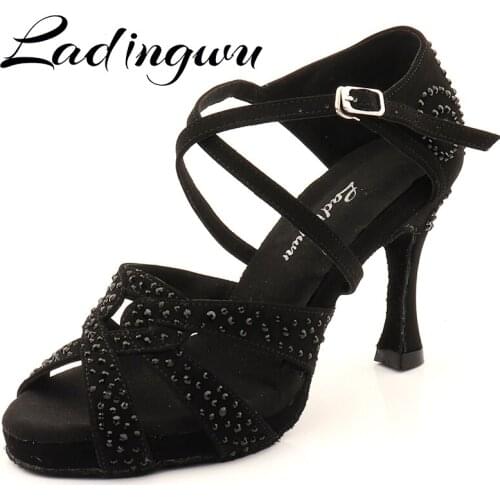 Ladingwu Black Rhinestone Dance Shoes Latin Dance Shoes Black Suede Salsa Dance Shoes Internally Increased Platform Shoes
