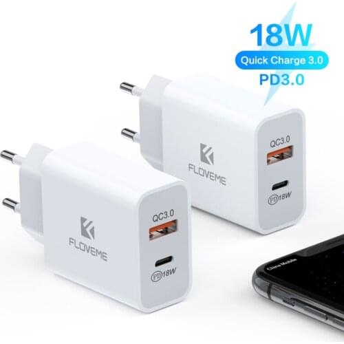 FLOVEME 18W USB and Type-C Charger Charging Fast Wall Travel Charger EU Plug Mobile Phone Chargers For iPhone iPad Samsung