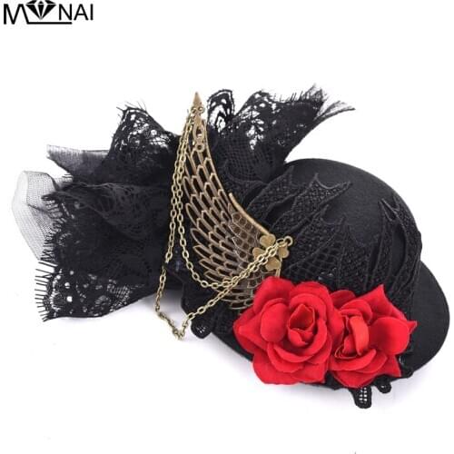 Lolita Womens Handmade Flower Rose Lace Veil Hat Wedding Mini Top Black Hats with Wing Chains Fascinator Steampunk Hair Clip