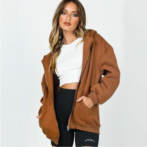Womens Casual Loose Zip-Up Hoodies Solid Color Zipper Open Front Hooded Jacket Coat with Pockets Y2K E-girls Sweatshirt
