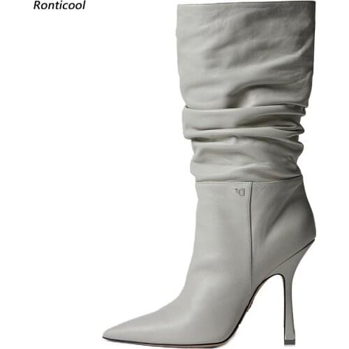 Ronticool Handmade Women Winter Ankle Boots Pleated Stiletto Heels Pointed Toe Black Leopard Gold Beige Party Shoes Size 35-43