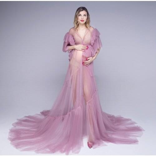 Maternity Women Evening Dresses Long Sleeve Tulle Robes for Photo Shoot Baby Shower Ruffle Women Photography Robe Real Images