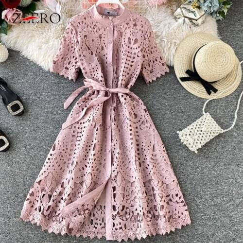 Summer Women Lace Sweet Sexy Dress Hollow Out Half High Collar Short Sleeve Single-breasted High Waist Slim Vintage Midi Dresses