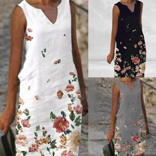 Summer Women Dress V Neck Floral Print Sleeveless Loose Knee-length Dress Summer Lady Casual Elegant Party Swing Dress Vestidos
