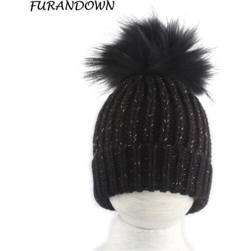 Winter Warm Knitted Baby Hat Children Cotton Beanie Hats For Girls Boys Real Fur Pompom Hat For Kids