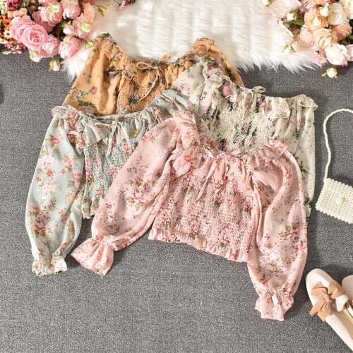 Slash Collar Floral Print Blouses Women Tie Ruffle Collar Chiffon Shirt Spring Summer Pleated Crop Shirts Slim Puff Tops Blusas
