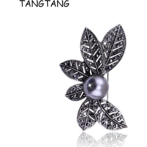 Vintage Style Double Imitation Pearls Flowers Brooch Antique Jewelry Elegant Black Rhinestone Pins for Women, Item NO.: BH8173