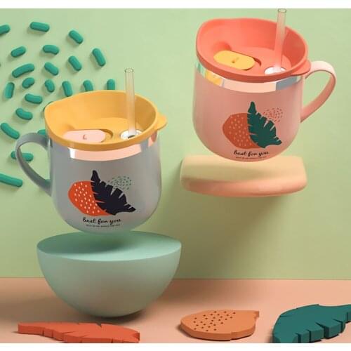 Stainless Steel Children Water Cup with Scale Milk Cup Household Children Drinking Straw Cup with Handle Mouth Cup