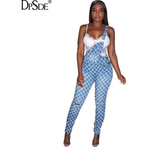 DPSDE 2020 women hot sale fashion reduction of age street style denim long pants broken hole plaid condole belt denim pants