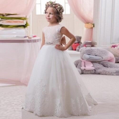 Elegant Flower Girl Dresses White Sleeveless Lace Applique Tulle For Birthday Princess Kids Holy Communion Dresses