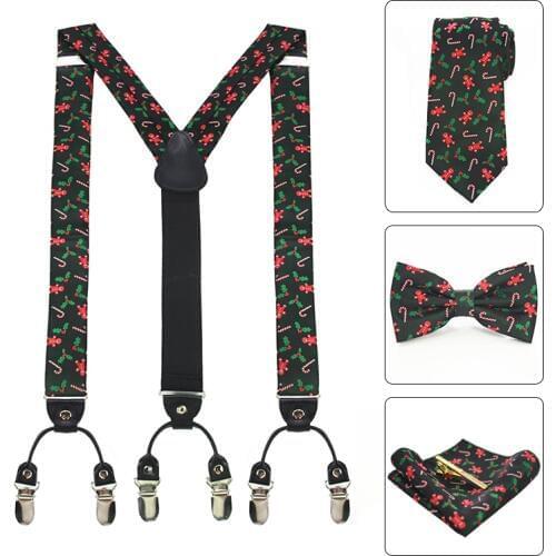 JEMYGINS fashion Men Christmas Suspenders Belt 100% Silk Necktie Jacquard Woven Bow Tie For Men Pocket square Tie clip sets