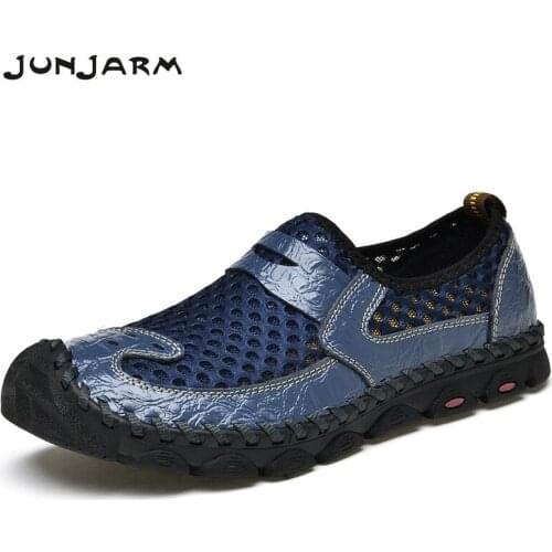 JUNJARM Summer Breathable Mesh Men Casual Shoes Soft Comfortable Handmade Men Loafers Light Outdoor Sneakers Plus Size38-48