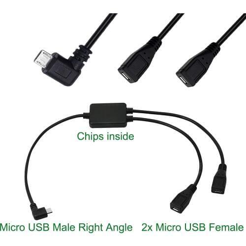 Micro USB 5 Pin Male to 2 Micro Female Y Splitter Cable Right Angle Charger Charging Data Cord 2 in 1 Adapter Cable